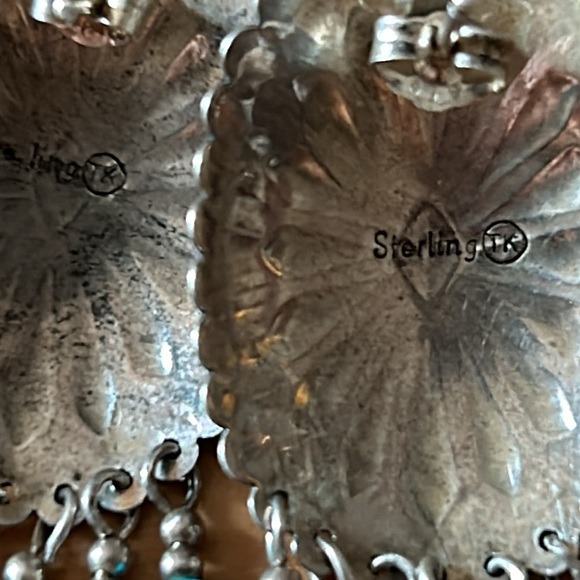 Sterling Turquoise Concho Earrings with Fringe and Feather - Picture 2 of 6